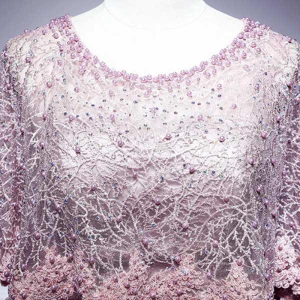 Elegant Blushing Pink Evening Dresses 2017 Trumpet / Mermaid Scoop Neck 1/2 Sleeves Appliques Lace Pearl Rhinestone Court Train Formal Dresses