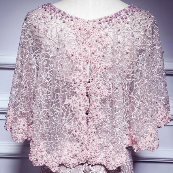 Elegant Blushing Pink Evening Dresses 2017 Trumpet / Mermaid Scoop Neck 1/2 Sleeves Appliques Lace Pearl Rhinestone Court Train Formal Dresses