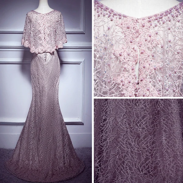 Elegant Blushing Pink Evening Dresses 2017 Trumpet / Mermaid Scoop Neck 1/2 Sleeves Appliques Lace Pearl Rhinestone Court Train Formal Dresses