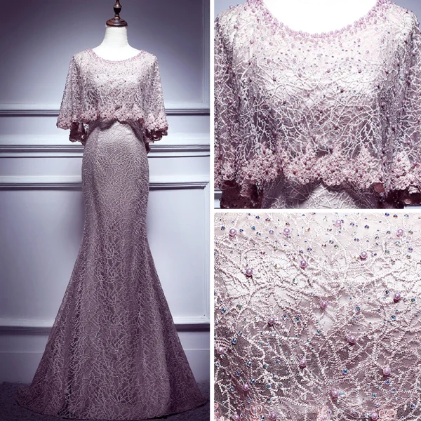 Elegant Blushing Pink Evening Dresses 2017 Trumpet / Mermaid Scoop Neck 1/2 Sleeves Appliques Lace Pearl Rhinestone Court Train Formal Dresses