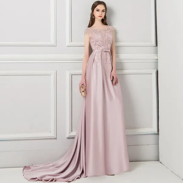 Charming Pearl Pink Pierced Evening Dresses  2018 Trumpet / Mermaid Scoop Neck Cap Sleeves Appliques Lace Beading Bow Sash Court Train Ruffle Backless Formal Dresses