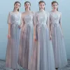 Elegant Grey Bridesmaid Dresses 2018 A-Line / Princess Short Sleeve Appliques Lace Floor-Length / Long Ruffle Backless Wedding Party Dresses