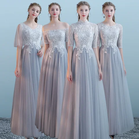 Eleganta Grå Tärnklänningar 2018 Prinsessa Korta ärm Appliqués Spets Långa Ruffle Halterneck Klänning Till Bröllop
