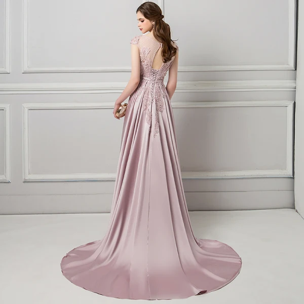 Charmant Perle Rose Percé Robe De Soirée 2018 Trompette / Sirène Encolure Dégagée Mancherons Appliques En Dentelle Perlage Noeud Ceinture Tribunal Train Volants Dos Nu Robe De Ceremonie