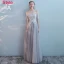 Elegant Grey Bridesmaid Dresses 2018 A-Line / Princess Short Sleeve Appliques Lace Floor-Length / Long Ruffle Backless Wedding Party Dresses