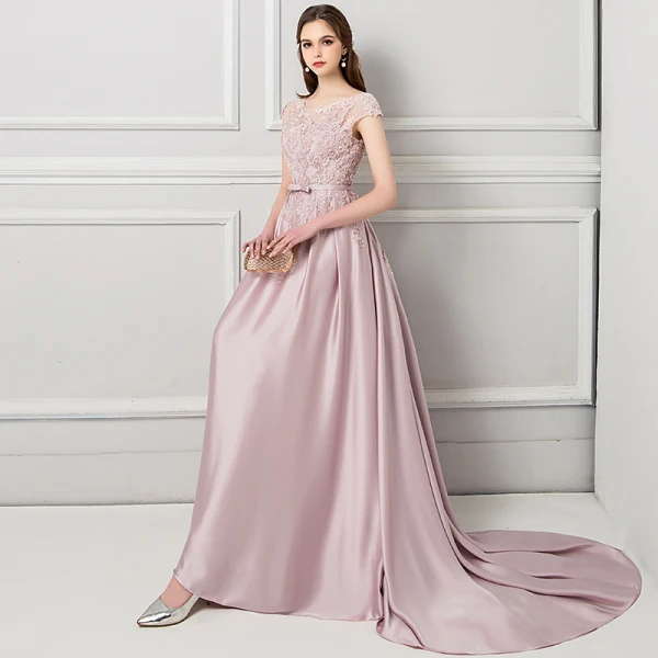 Charmant Perle Rose Percé Robe De Soirée 2018 Trompette / Sirène Encolure Dégagée Mancherons Appliques En Dentelle Perlage Noeud Ceinture Tribunal Train Volants Dos Nu Robe De Ceremonie