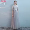 Elegant Grey Bridesmaid Dresses 2018 A-Line / Princess Short Sleeve Appliques Lace Floor-Length / Long Ruffle Backless Wedding Party Dresses