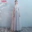 Elegant Grey Bridesmaid Dresses 2018 A-Line / Princess Short Sleeve Appliques Lace Floor-Length / Long Ruffle Backless Wedding Party Dresses