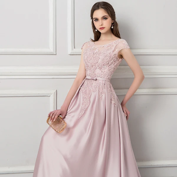 Charmant Perle Rose Percé Robe De Soirée 2018 Trompette / Sirène Encolure Dégagée Mancherons Appliques En Dentelle Perlage Noeud Ceinture Tribunal Train Volants Dos Nu Robe De Ceremonie
