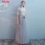 Elegant Grey Bridesmaid Dresses 2018 A-Line / Princess Short Sleeve Appliques Lace Floor-Length / Long Ruffle Backless Wedding Party Dresses
