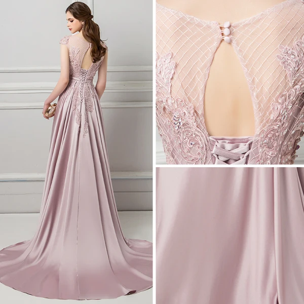 Charmant Perle Rose Percé Robe De Soirée 2018 Trompette / Sirène Encolure Dégagée Mancherons Appliques En Dentelle Perlage Noeud Ceinture Tribunal Train Volants Dos Nu Robe De Ceremonie