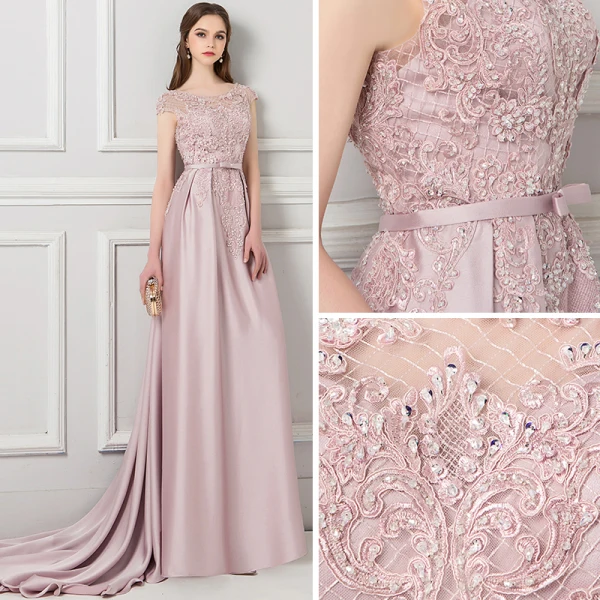Charmant Perle Rose Percé Robe De Soirée 2018 Trompette / Sirène Encolure Dégagée Mancherons Appliques En Dentelle Perlage Noeud Ceinture Tribunal Train Volants Dos Nu Robe De Ceremonie