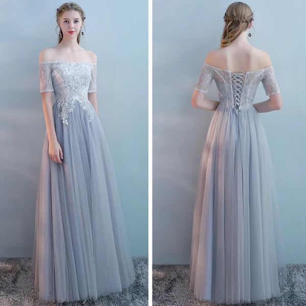 Elegant Grey Bridesmaid Dresses 2018 A-Line / Princess Short Sleeve Appliques Lace Floor-Length / Long Ruffle Backless Wedding Party Dresses
