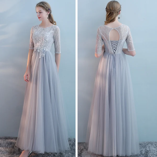 Elegant Grey Bridesmaid Dresses 2018 A-Line / Princess Short Sleeve Appliques Lace Floor-Length / Long Ruffle Backless Wedding Party Dresses
