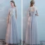 Elegant Grey Bridesmaid Dresses 2018 A-Line / Princess Short Sleeve Appliques Lace Floor-Length / Long Ruffle Backless Wedding Party Dresses