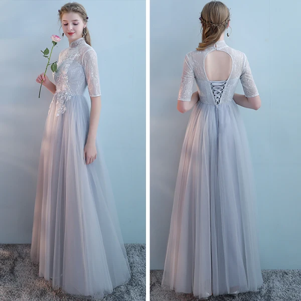 Elegant Grey Bridesmaid Dresses 2018 A-Line / Princess Short Sleeve Appliques Lace Floor-Length / Long Ruffle Backless Wedding Party Dresses