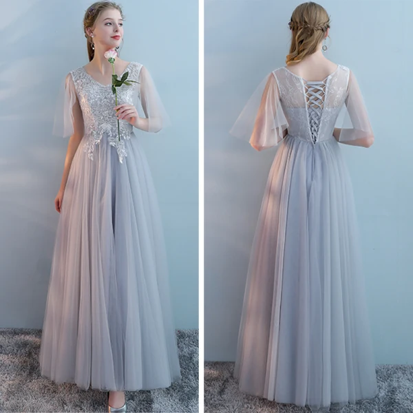 Elegant Grey Bridesmaid Dresses 2018 A-Line / Princess Short Sleeve Appliques Lace Floor-Length / Long Ruffle Backless Wedding Party Dresses