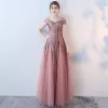 Najpiękniejsze / Ekskluzywne Rumieniąc Różowy Sukienki Wieczorowe 2017 Princessa Przebili V-Szyja Kótkie Rękawy Frezowanie Cekiny Długie Wzburzyć Bez Pleców Sukienki Wizytowe