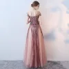 Amazing / Unique Blushing Pink Evening Dresses  2017 A-Line / Princess Pierced V-Neck Short Sleeve Beading Sequins Floor-Length / Long Ruffle Backless Formal Dresses