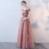 Amazing / Unique Blushing Pink Evening Dresses  2017 A-Line / Princess Pierced V-Neck Short Sleeve Beading Sequins Floor-Length / Long Ruffle Backless Formal Dresses