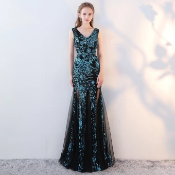 Unique Noire Océan Bleu Robe De Soirée 2017 Trompette Sirène V Cou Sans Manches Paillettes Longue Dos Nu Robe De Ceremonie