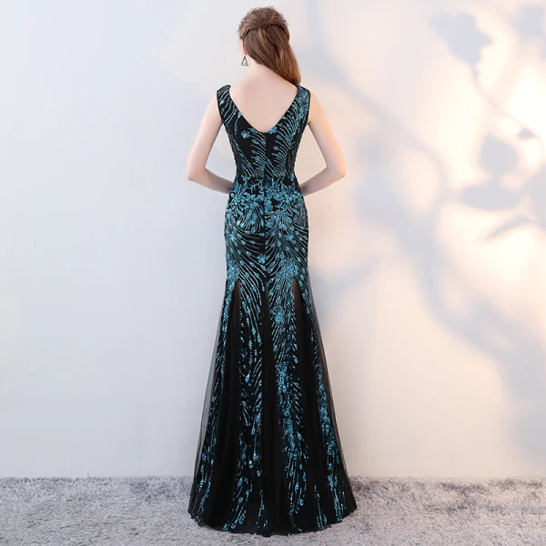 Amazing / Unique Black Ocean Blue Evening Dresses 2017 Trumpet / Mermaid V-Neck Sleeveless Sequins Floor-Length / Long Backless Formal Dresses