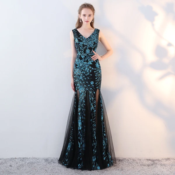Amazing / Unique Black Ocean Blue Evening Dresses 2017 Trumpet / Mermaid V-Neck Sleeveless Sequins Floor-Length / Long Backless Formal Dresses