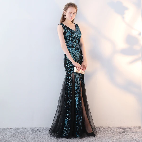 Amazing / Unique Black Ocean Blue Evening Dresses 2017 Trumpet / Mermaid V-Neck Sleeveless Sequins Floor-Length / Long Backless Formal Dresses