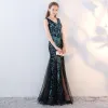 Amazing / Unique Black Ocean Blue Evening Dresses  2017 Trumpet / Mermaid V-Neck Sleeveless Sequins Floor-Length / Long Backless Formal Dresses