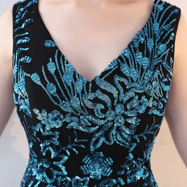 Amazing / Unique Black Ocean Blue Evening Dresses 2017 Trumpet / Mermaid V-Neck Sleeveless Sequins Floor-Length / Long Backless Formal Dresses