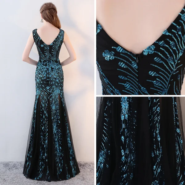 Amazing / Unique Black Ocean Blue Evening Dresses 2017 Trumpet / Mermaid V-Neck Sleeveless Sequins Floor-Length / Long Backless Formal Dresses