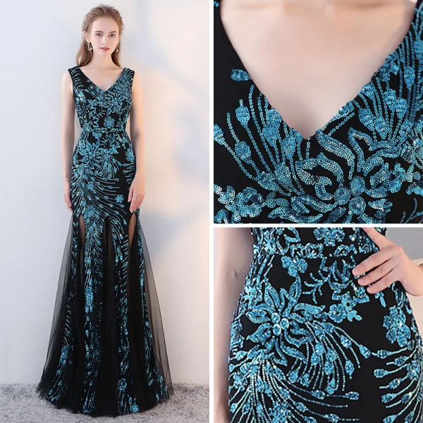 Amazing / Unique Black Ocean Blue Evening Dresses 2017 Trumpet / Mermaid V-Neck Sleeveless Sequins Floor-Length / Long Backless Formal Dresses