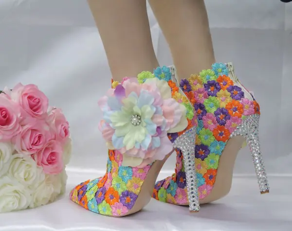 Eye-catching Multi-Colors Lace Flower Appliques Prom Womens Boots 2025 11 cm Stiletto Heels Pointed Toe Boots