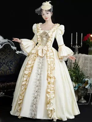 Vintage Originale Médiévale Champagne Robe De Bal 2024 Fleur Dentelle Longue U Cou Cosplay Manches Longues Princesse Robe Boule Promo