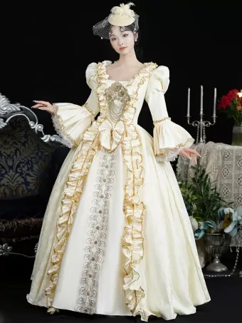 Vintage Retro Medieval Champagne Prom Dresses 2024 Flower Lace Floor Length Long U Neck Cosplay Long Sleeve A Line Princess Ball Gown Prom