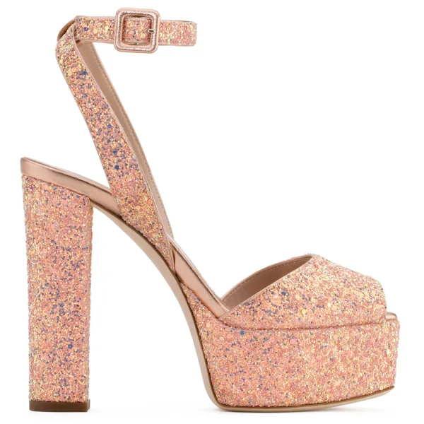 Unique Or Rose Cocktail Sandales Femme 2022 Bride Cheville 12 cm Talons Épais Peep Toes / Bout Ouvert Sandales Talons Hauts