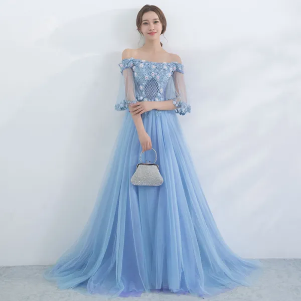 Chic / Beautiful Sky Blue Evening Dresses  2017 A-Line / Princess Off-The-Shoulder 1/2 Sleeves Beading Appliques Flower Sweep Train Backless Formal Dresses