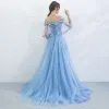 Chic / Beautiful Sky Blue Evening Dresses  2017 A-Line / Princess Off-The-Shoulder 1/2 Sleeves Beading Appliques Flower Sweep Train Backless Formal Dresses