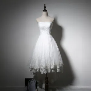 Modest Simple Beach White Wedding Dresses 2017 Asymmetrical A Line Princess Strapless Sleeveless Backless Appliques Lace