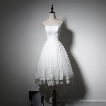 Modest Simple Beach White Wedding Dresses 2017 Asymmetrical A Line Princess Strapless Sleeveless Backless Appliques Lace