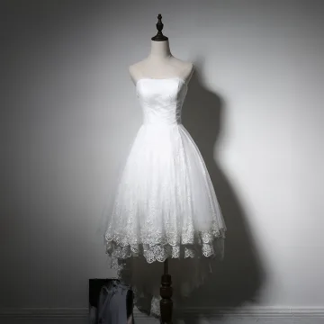 Eenvoudige Strand Witte Trouwjurken 2017 Asymmetrisch A Lijn Strapless Mouwloos Ruglooze Appliques Kant