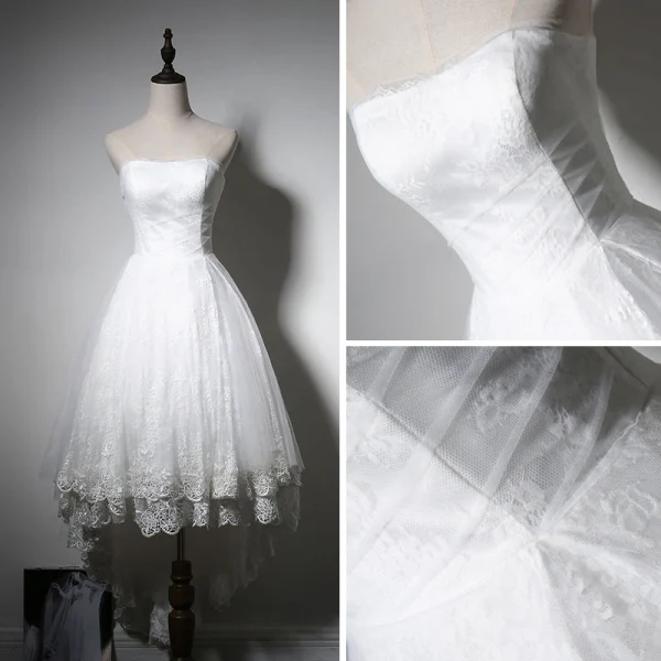 Simple Plage Blanche Robe De Mariée 2017 Asymétrique Princesse Bustier Sans Manches Dos Nu Appliques En Dentelle