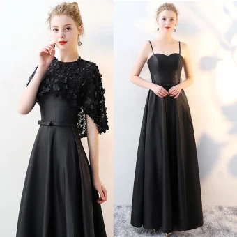 2 Piece Black Evening Dresses 2017 A Line Princess Scoop Neck 1 2 Sleeves Appliques Flower Bow Sash Floor Length Long Formal Dresses
