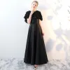 2 Piece Black Evening Dresses  2017 A-Line / Princess Scoop Neck 1/2 Sleeves Appliques Flower Bow Sash Floor-Length / Long Formal Dresses