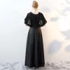 2 Pièces Noire Robe De Soirée 2017 Princesse Encolure Dégagée 1/2 Manches Appliques Fleur Noeud Ceinture Longue Robe De Ceremonie