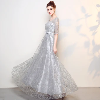 Scintillantes Gris Robe De Soirée 2017 Princesse Encolure Dégagée 1 2 Manches Faux Diamant Noeud Ceinture Longue Dos Nu Robe De Ceremonie