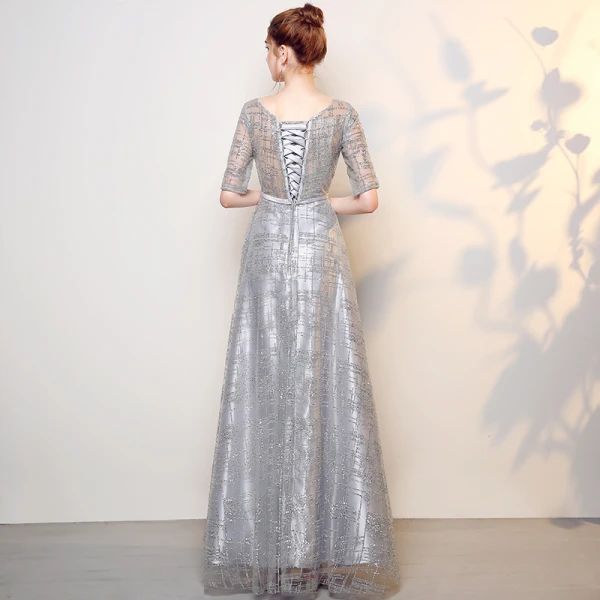 Sparkly Grey Evening Dresses 2017 A-Line / Princess Scoop Neck 1/2 Sleeves Rhinestone Bow Sash Floor-Length / Long Backless Formal Dresses