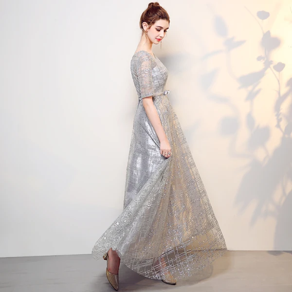 Sparkly Grey Evening Dresses 2017 A-Line / Princess Scoop Neck 1/2 Sleeves Rhinestone Bow Sash Floor-Length / Long Backless Formal Dresses