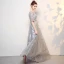 Sparkly Grey Evening Dresses  2017 A-Line / Princess Scoop Neck 1/2 Sleeves Rhinestone Bow Sash Floor-Length / Long Backless Formal Dresses