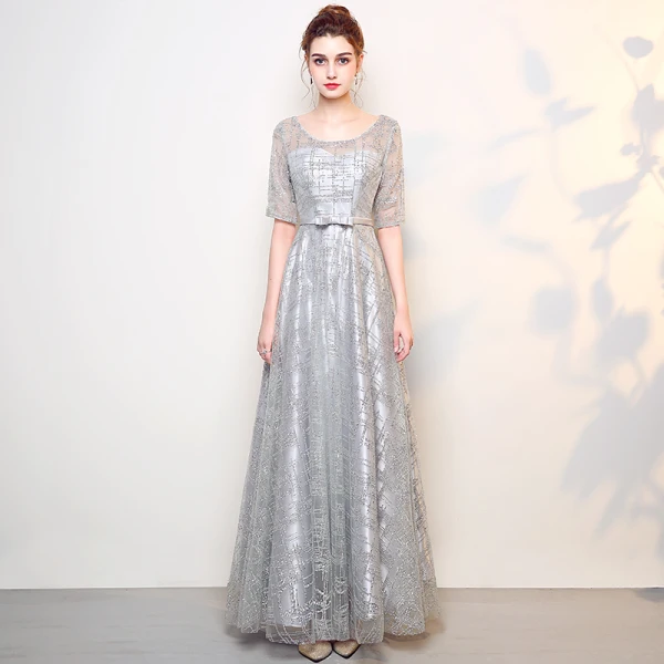 Sparkly Grey Evening Dresses 2017 A-Line / Princess Scoop Neck 1/2 Sleeves Rhinestone Bow Sash Floor-Length / Long Backless Formal Dresses